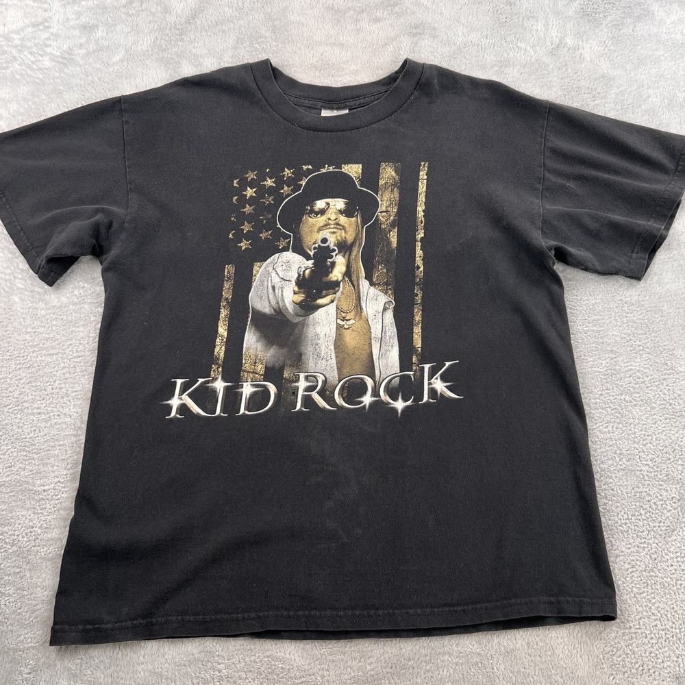 Vtg Y2K Kid Rock American Flag Graphic T Shirt L Black Tennessee River Band Tee
